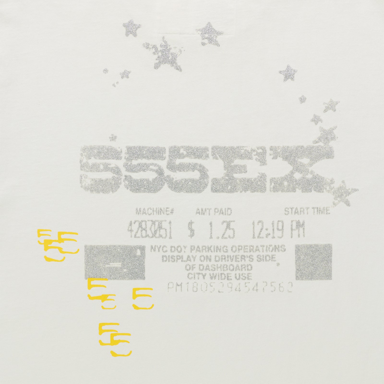 White cotton ANNIVERSARY TEE with glittery "ESSEX" graphic, stars, and yellow "55" details.