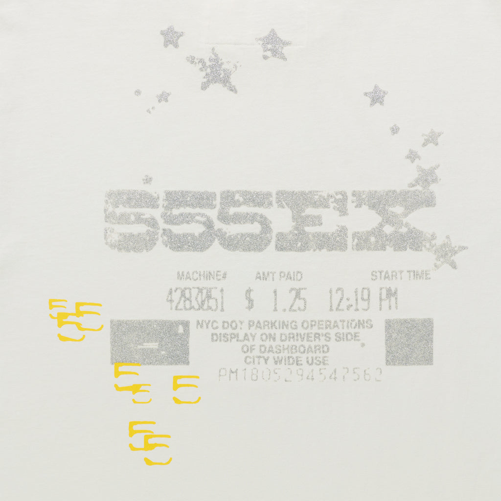 White cotton ANNIVERSARY TEE with glittery "ESSEX" graphic, stars, and yellow "55" details.