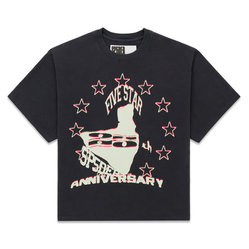 Black cotton ANNIVERSARY TEE with "FIVE STAR" and "ANNIVERSARY" graphic, surrounded by red-outlined stars.