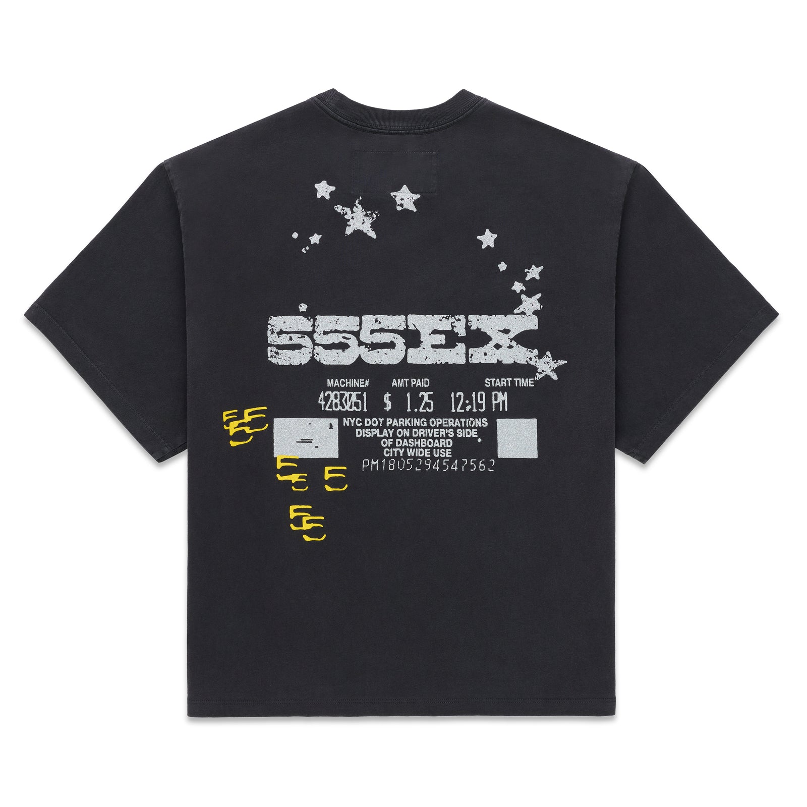 Black cotton ANNIVERSARY TEE with distressed white "555EX" graphic, stars, and yellow parking ticket details.