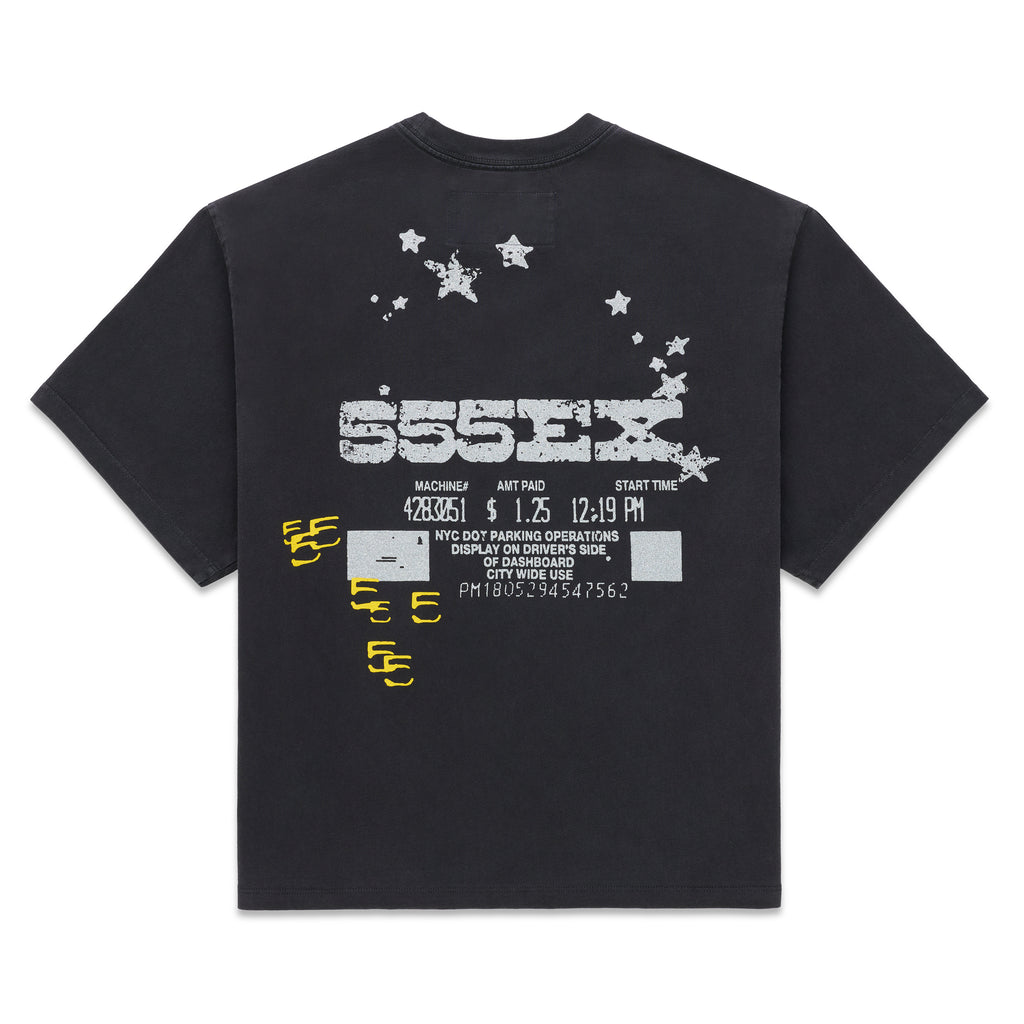 Black cotton ANNIVERSARY TEE with distressed white "555EX" graphic, stars, and yellow parking ticket details.