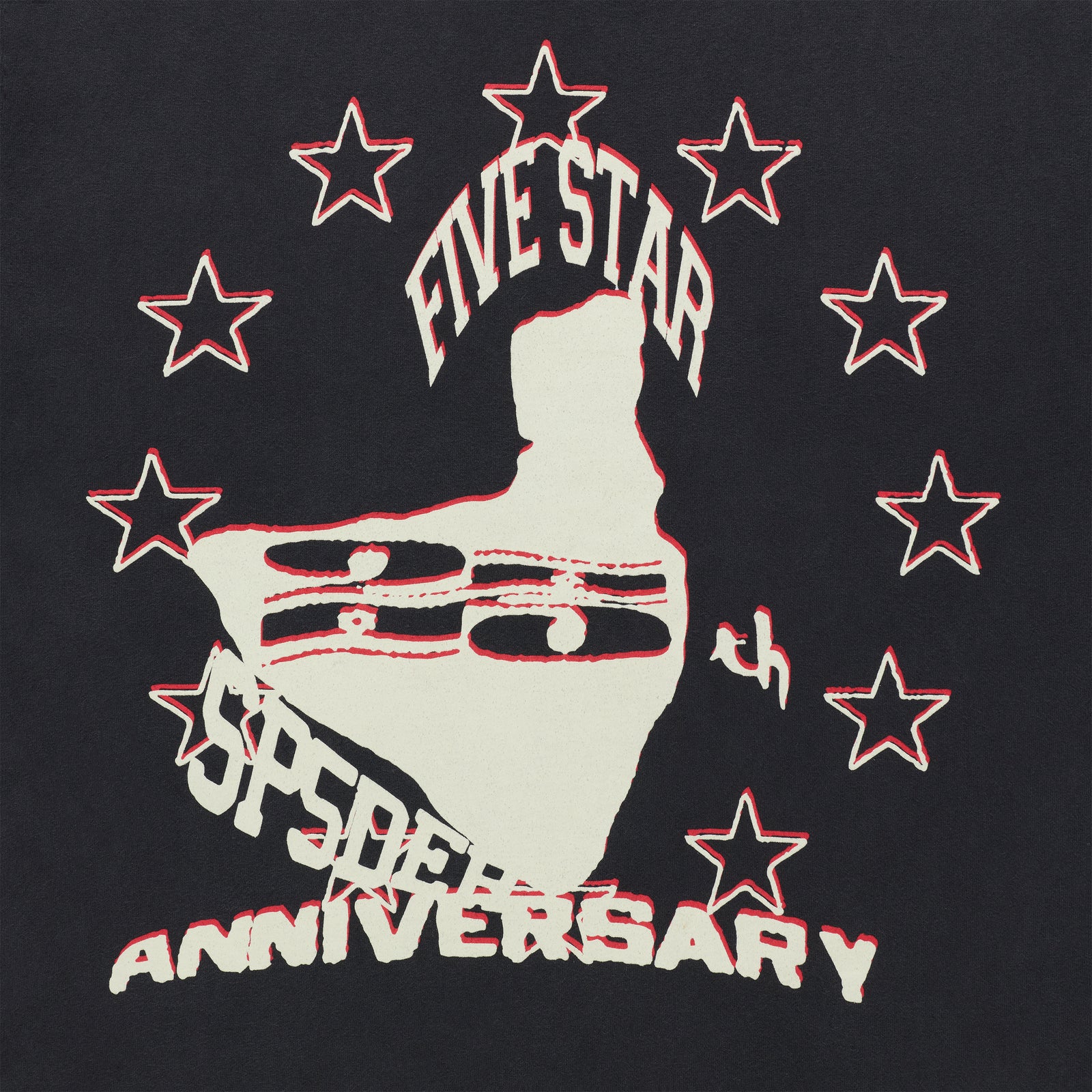 Black cotton tee with "FIVE STAR 5th ANNIVERSARY" graphic and red-outlined stars.