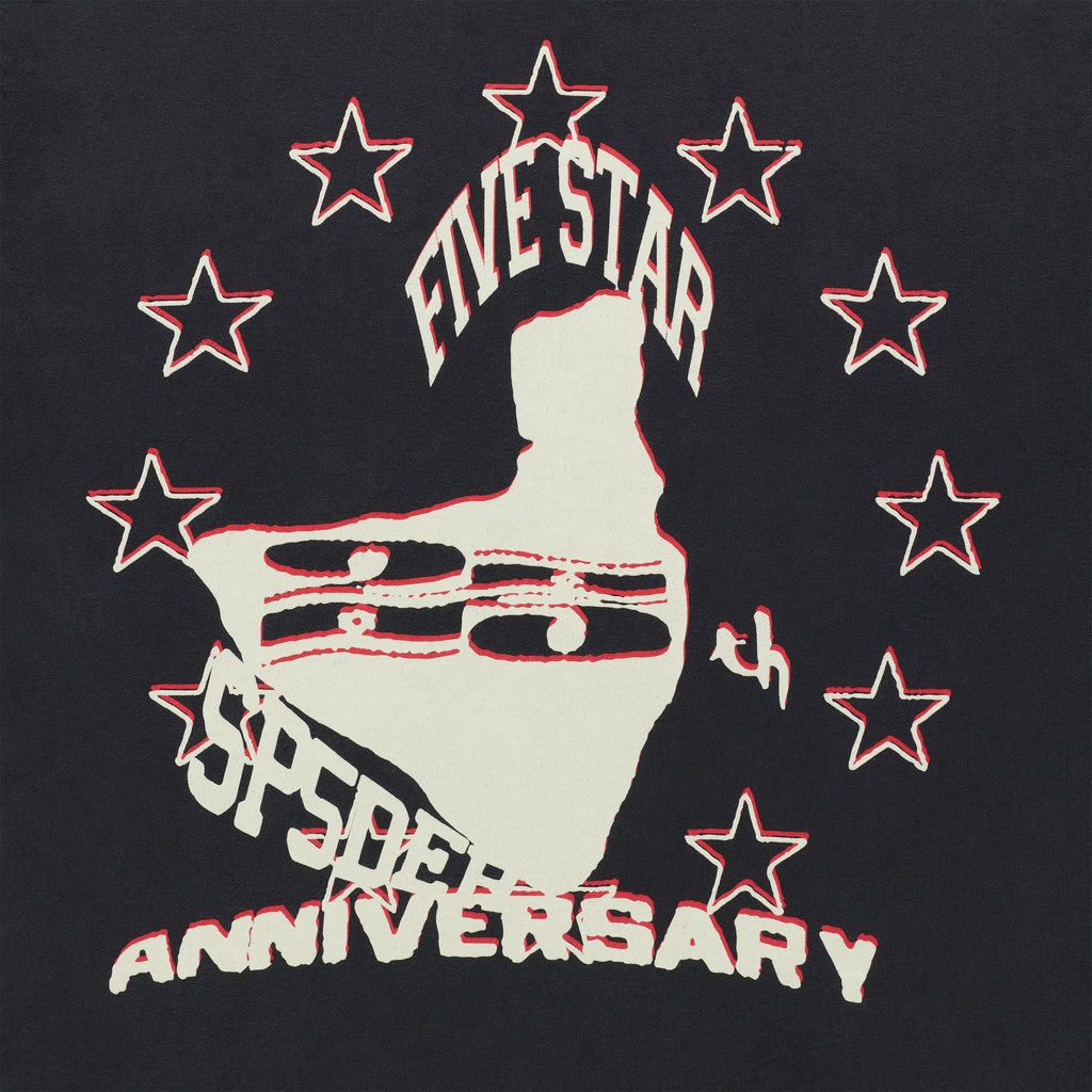 Black cotton tee with "FIVE STAR 5th ANNIVERSARY" graphic and red-outlined stars.