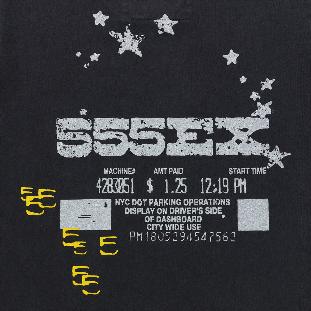 Black cotton Anniversary Tee with white "555EX" graphic, stars, and parking ticket details.