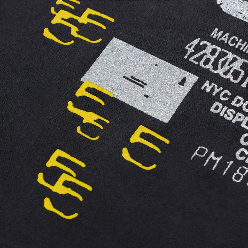 Black cotton ANNIVERSARY TEE with yellow and silver graphic print.