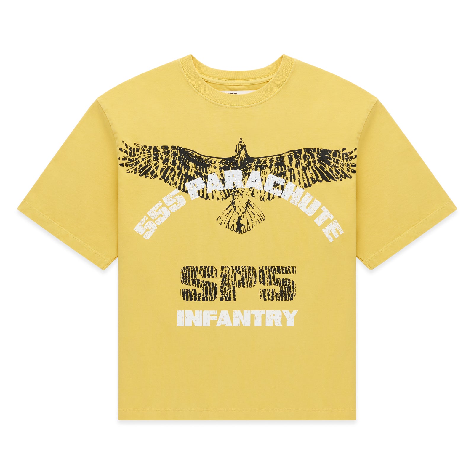 Yellow 100% cotton Infantry Tee with a black eagle graphic and "555 PARACHUTE SPS INFANTRY" text.