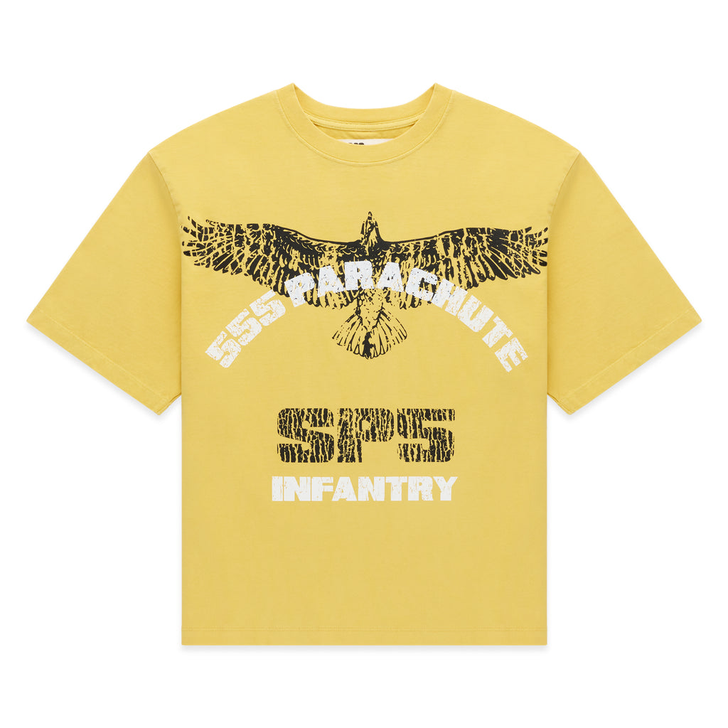 Yellow 100% cotton Infantry Tee with a black eagle graphic and "555 PARACHUTE SPS INFANTRY" text.
