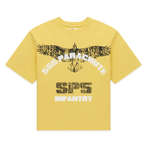 Yellow 100% cotton Infantry Tee with a black eagle graphic and "555 PARACHUTE SPS INFANTRY" text.
