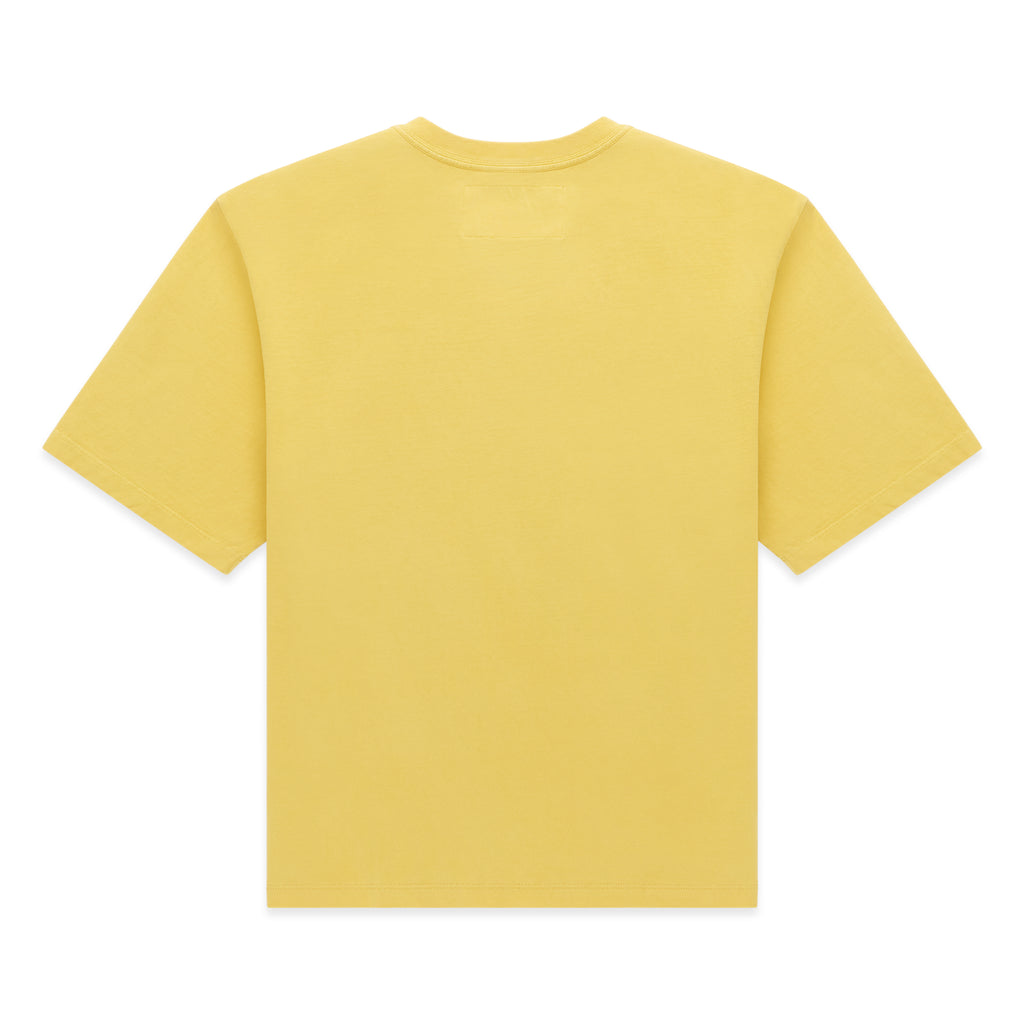 Back view of a plain, standard fit, lightweight yellow 100% cotton Infantry Tee.