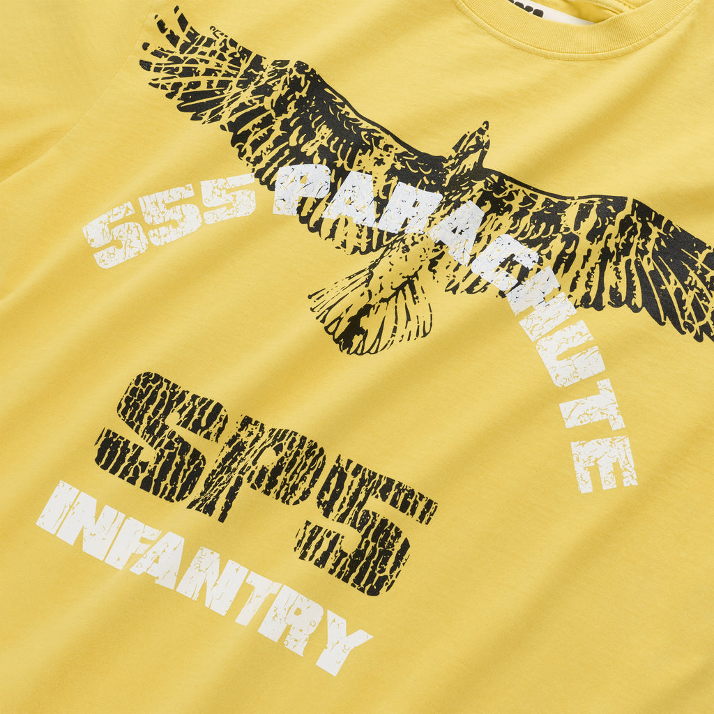 Yellow cotton INFANTRY TEE with a distressed black eagle graphic and white "555 PARACHUTE" and "555 INFANTRY" text.