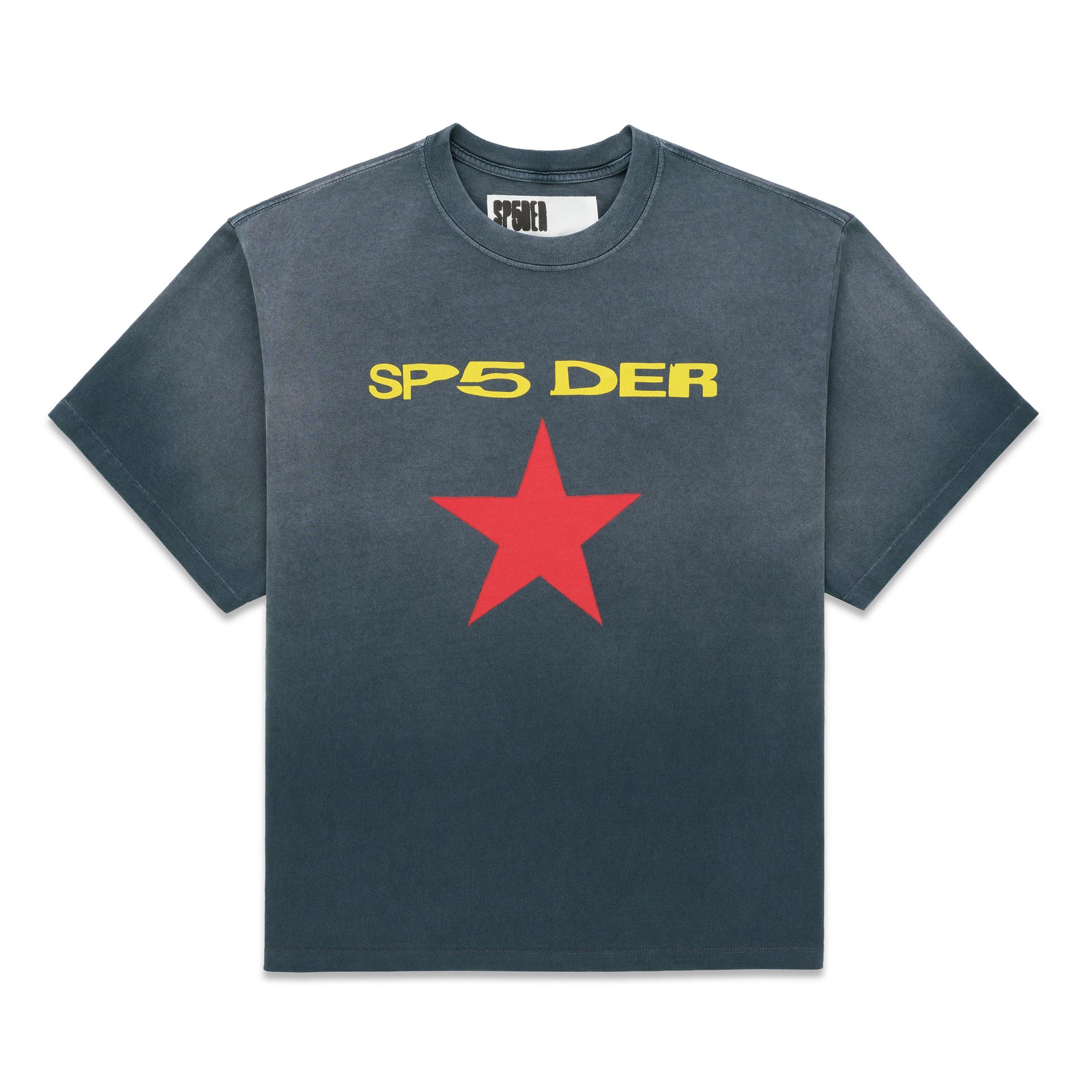 Faded wash black 100% cotton tee with yellow "SP5DER" text and a large red five-point star graphic.