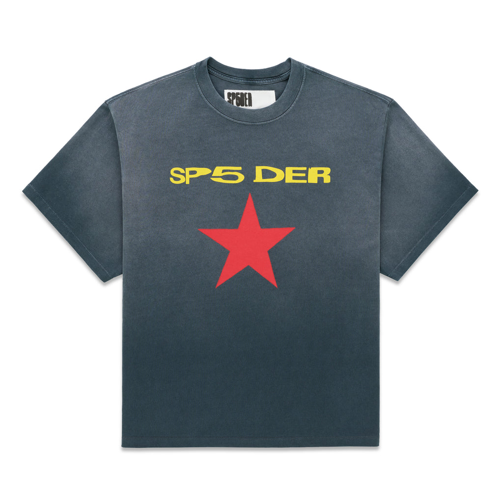Faded wash black 100% cotton tee with yellow "SP5DER" text and a large red five-point star graphic.