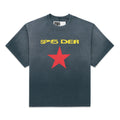 Faded wash black 100% cotton tee with yellow "SP5DER" text and a large red five-point star graphic.
