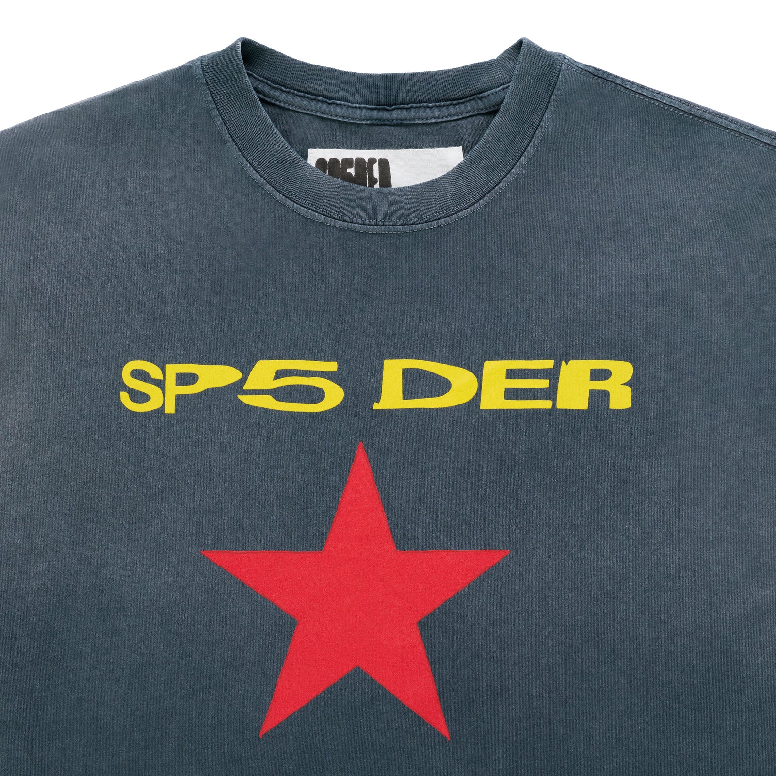 Faded wash charcoal cotton tee with yellow "SP5 DER" text and a large red star graphic.