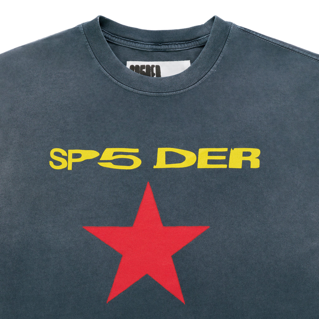 Faded wash charcoal cotton tee with yellow "SP5 DER" text and a large red star graphic.