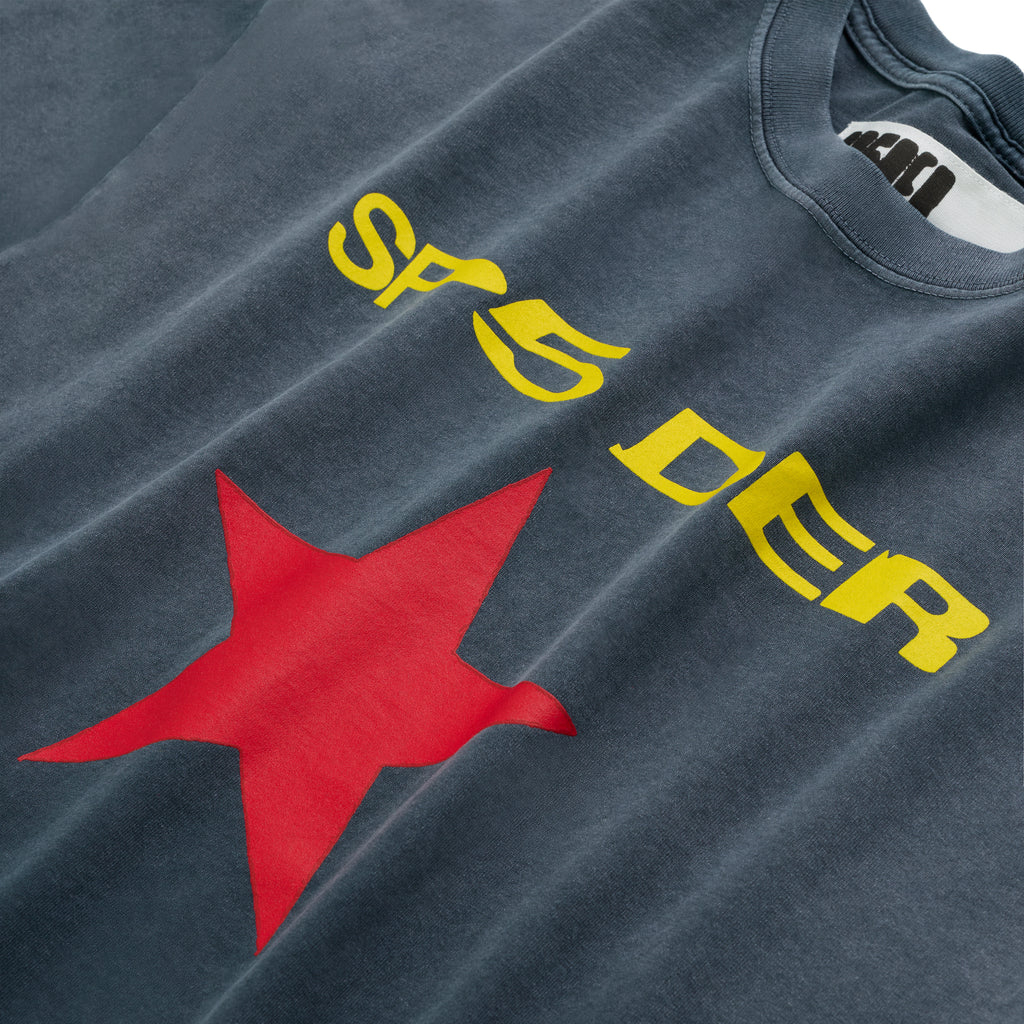 Faded wash grey cotton tee with a large red star and yellow "SP5DER" graphic print.