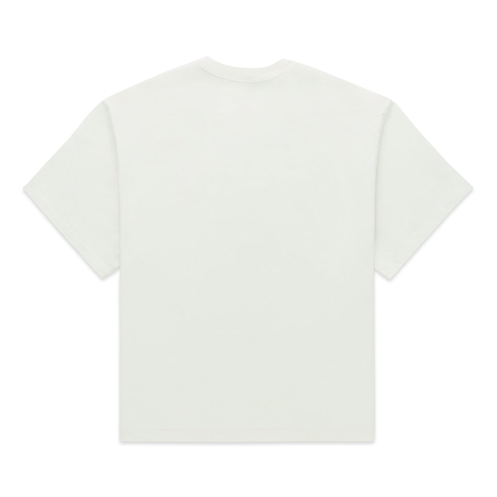 Back of a plain white, standard fit, 100% cotton lightweight tee.