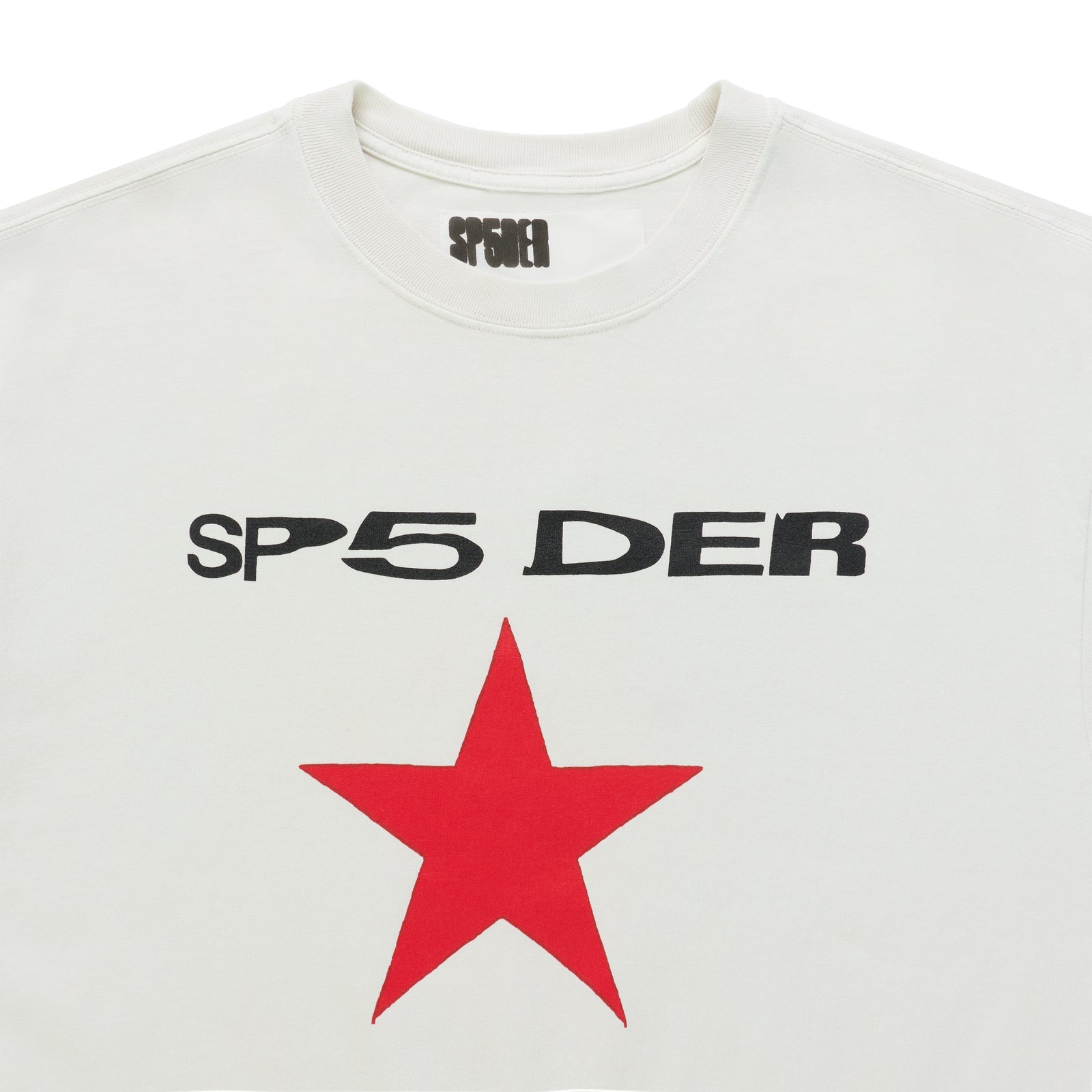 White cotton lightweight tee with "SP5 DER" text and a large red star graphic on the front.
