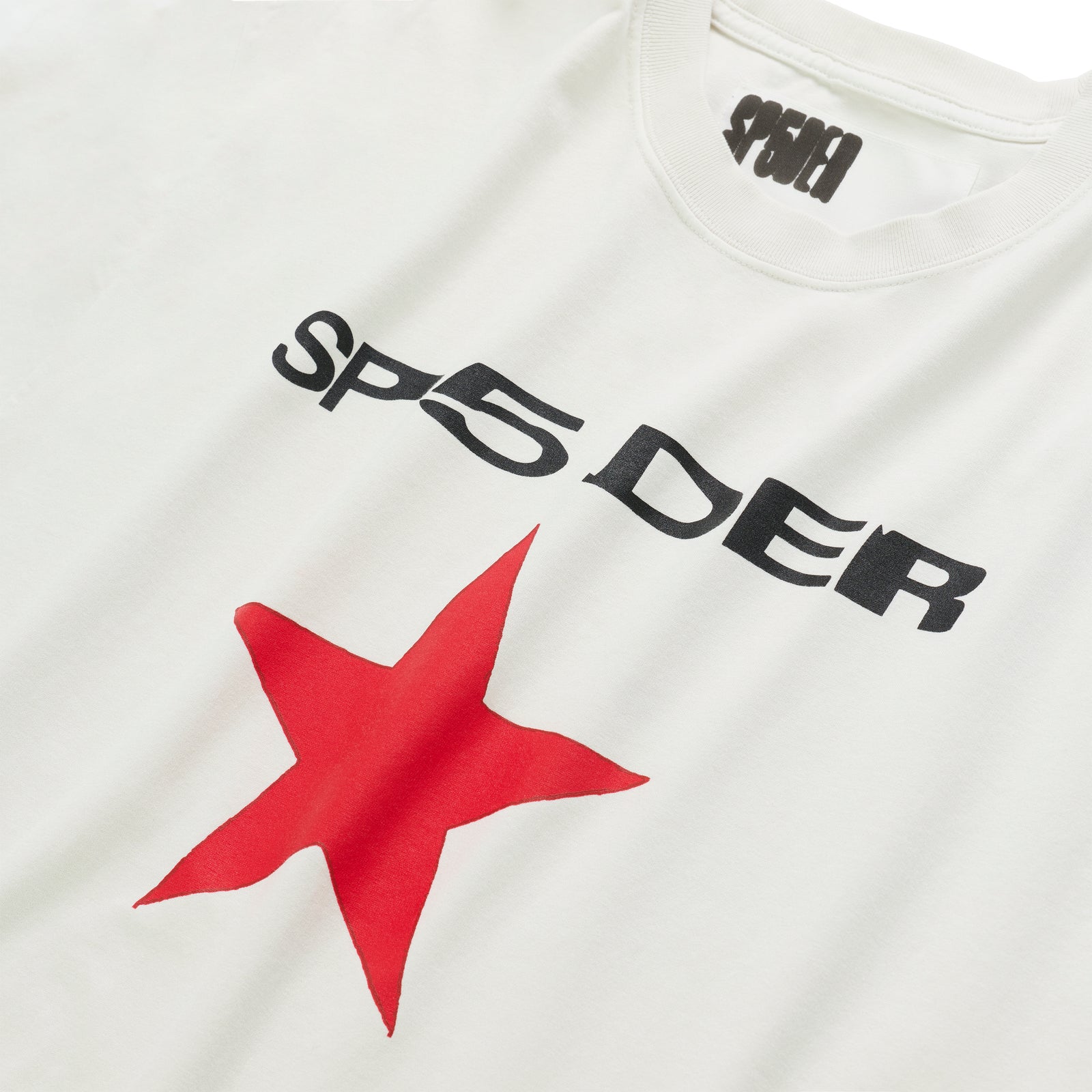 White cotton lightweight tee with "SP5DER" graphic and a large red star on the front.