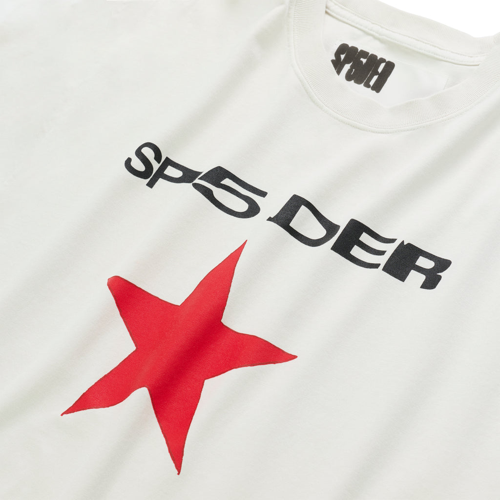 White cotton lightweight tee with "SP5DER" graphic and a large red star on the front.