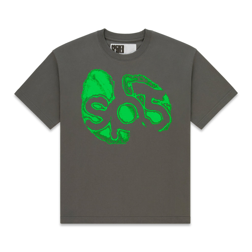 Dark gray cotton tee with a vibrant green abstract fingerprint graphic on the front.