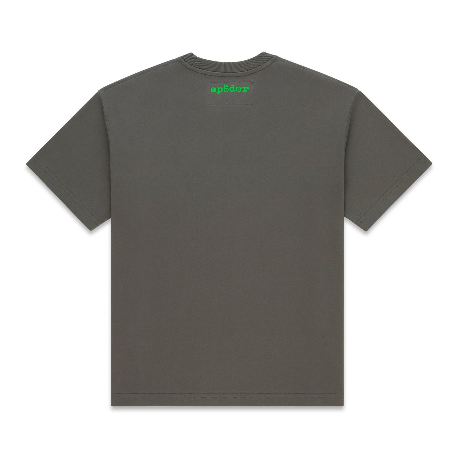 Back of a dark gray cotton tee with a bright green "sp5der" graphic print on the upper back.