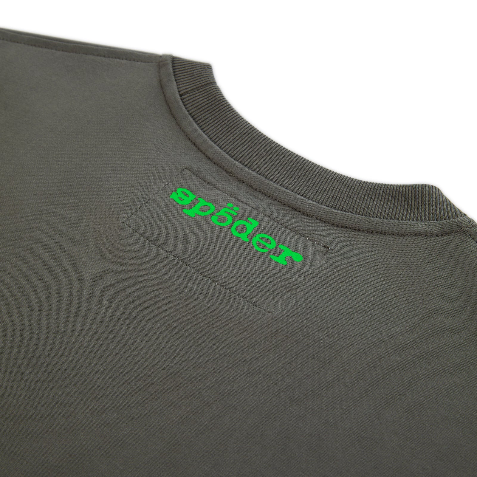 Dark gray cotton tee with ribbed crew neck and bright green "sp5der" graphic print.