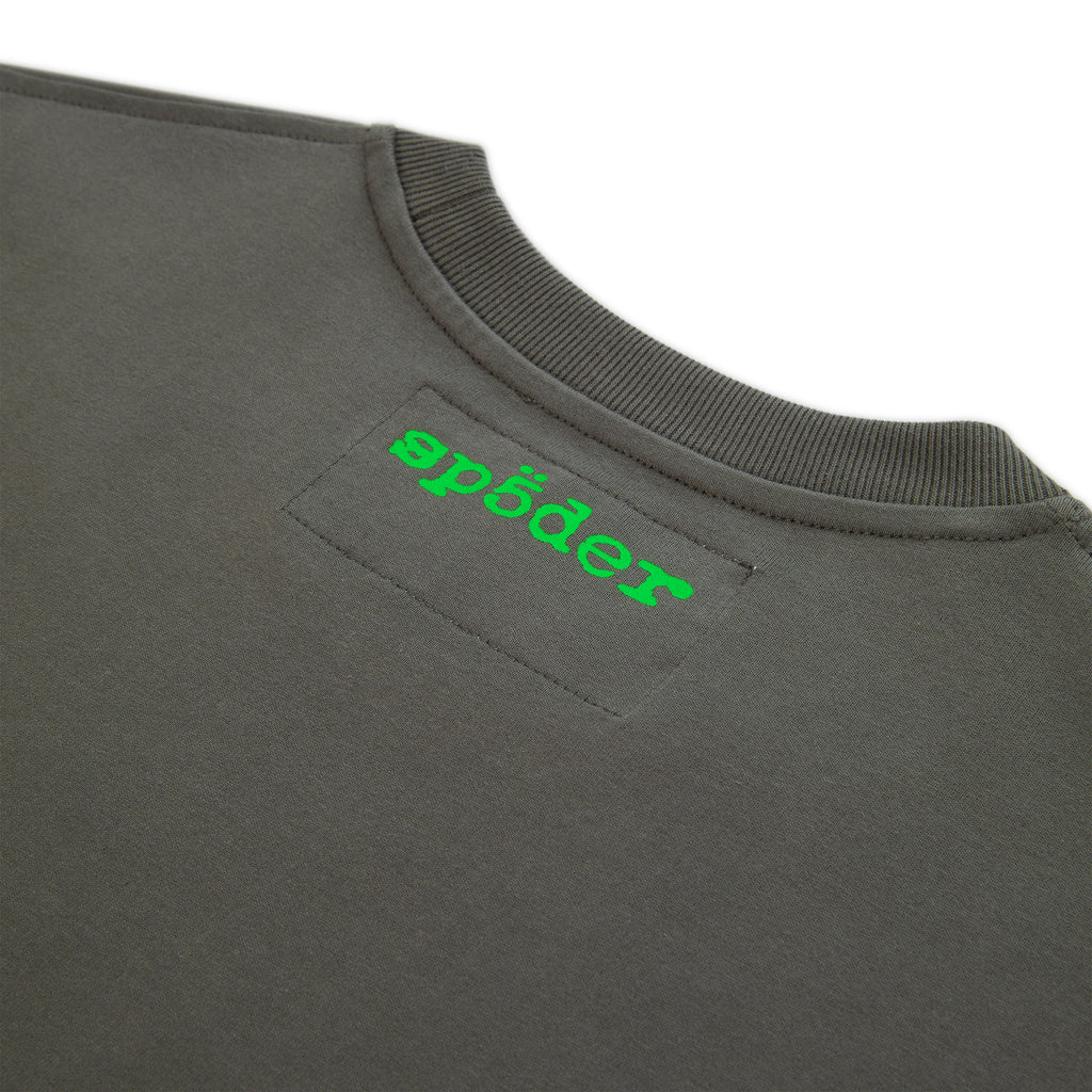 Dark gray cotton tee with ribbed crew neck and bright green "sp5der" graphic print.