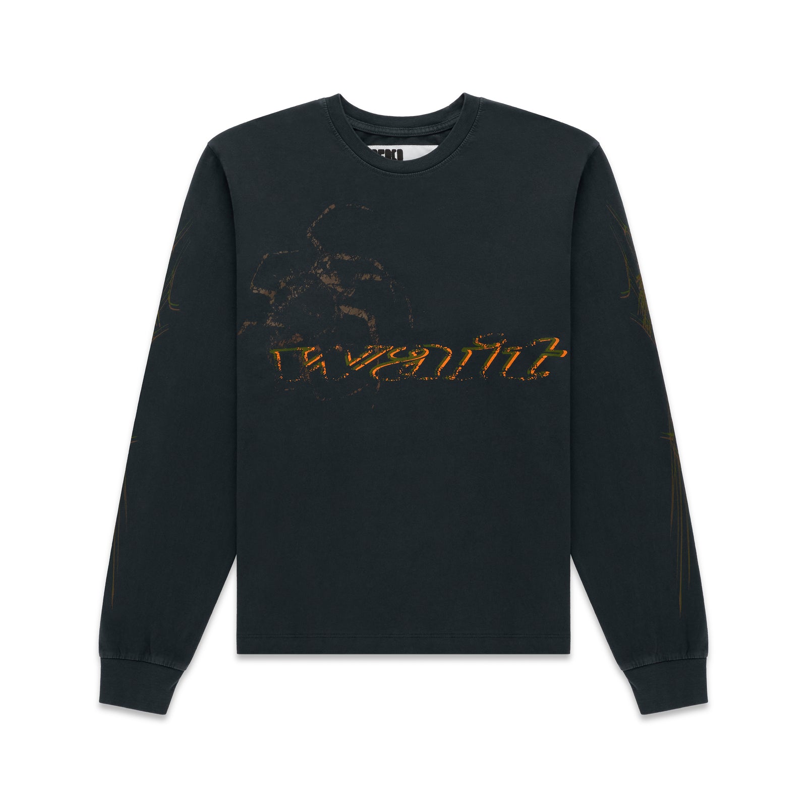 Black 100% cotton long sleeve tee with orange graphic print on chest and sleeves, ribbed collar and cuffs.