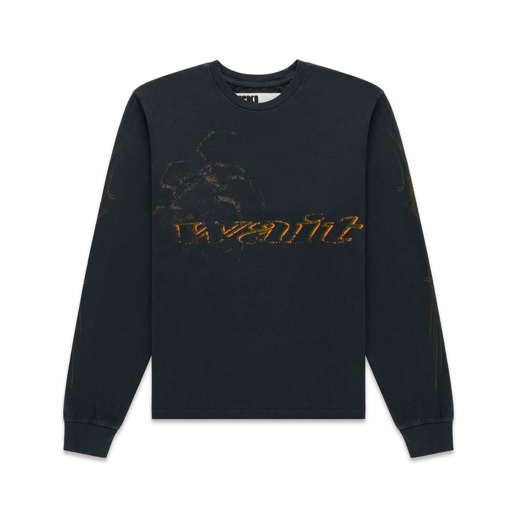 Black 100% cotton long sleeve tee with orange graphic print on chest and sleeves, ribbed collar and cuffs.