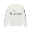 WAIT LONGSLEEVE: Off-white 100% cotton long sleeve tee with black graphic print on sleeves and chest.