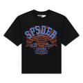 Black cotton t-shirt with "SPSDER" and an eagle graphic in blue and orange.