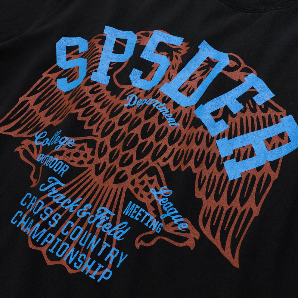 Black cotton tee with a distressed brown eagle graphic and blue "SP502A" text.
