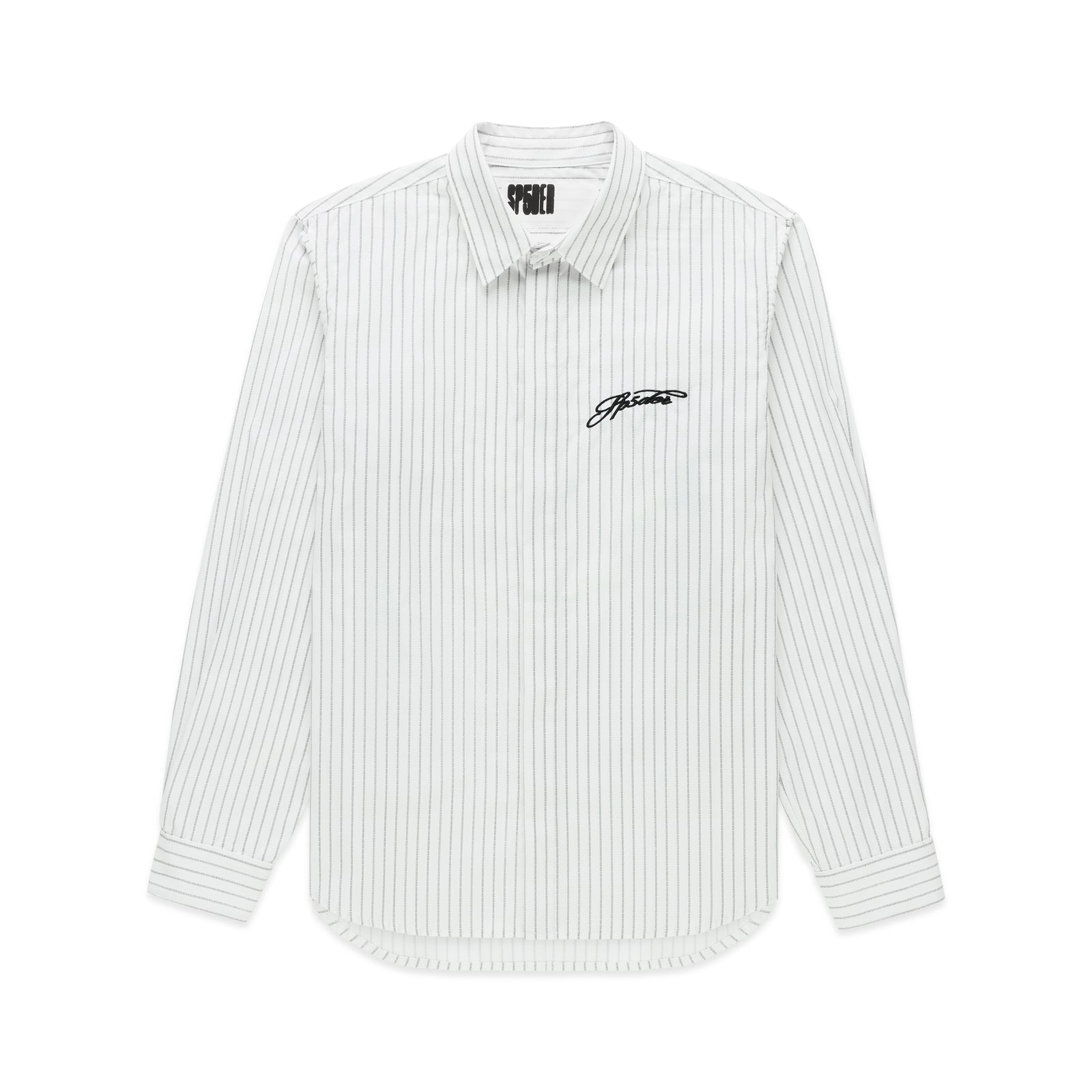 White woven cotton oxford button-down shirt with 5 pinstripes, spread collar, and embroidered script logo.