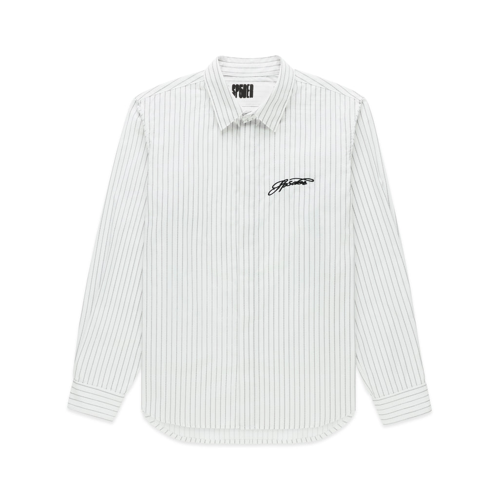 White woven cotton oxford button-down shirt with 5 pinstripes, spread collar, and embroidered script logo.