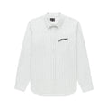 White woven cotton oxford button-down shirt with 5 pinstripes, spread collar, and embroidered script logo.