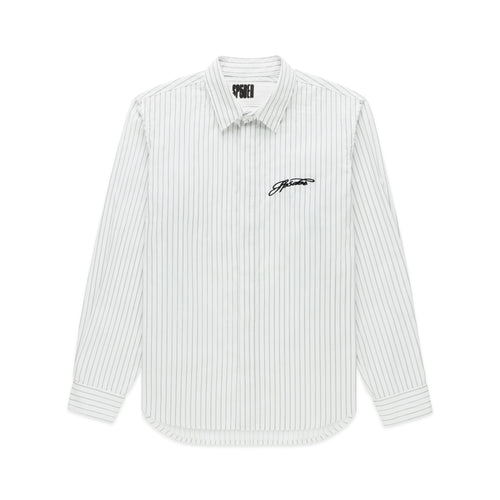 White woven cotton oxford button-down shirt with 5 pinstripes, spread collar, and embroidered script logo.