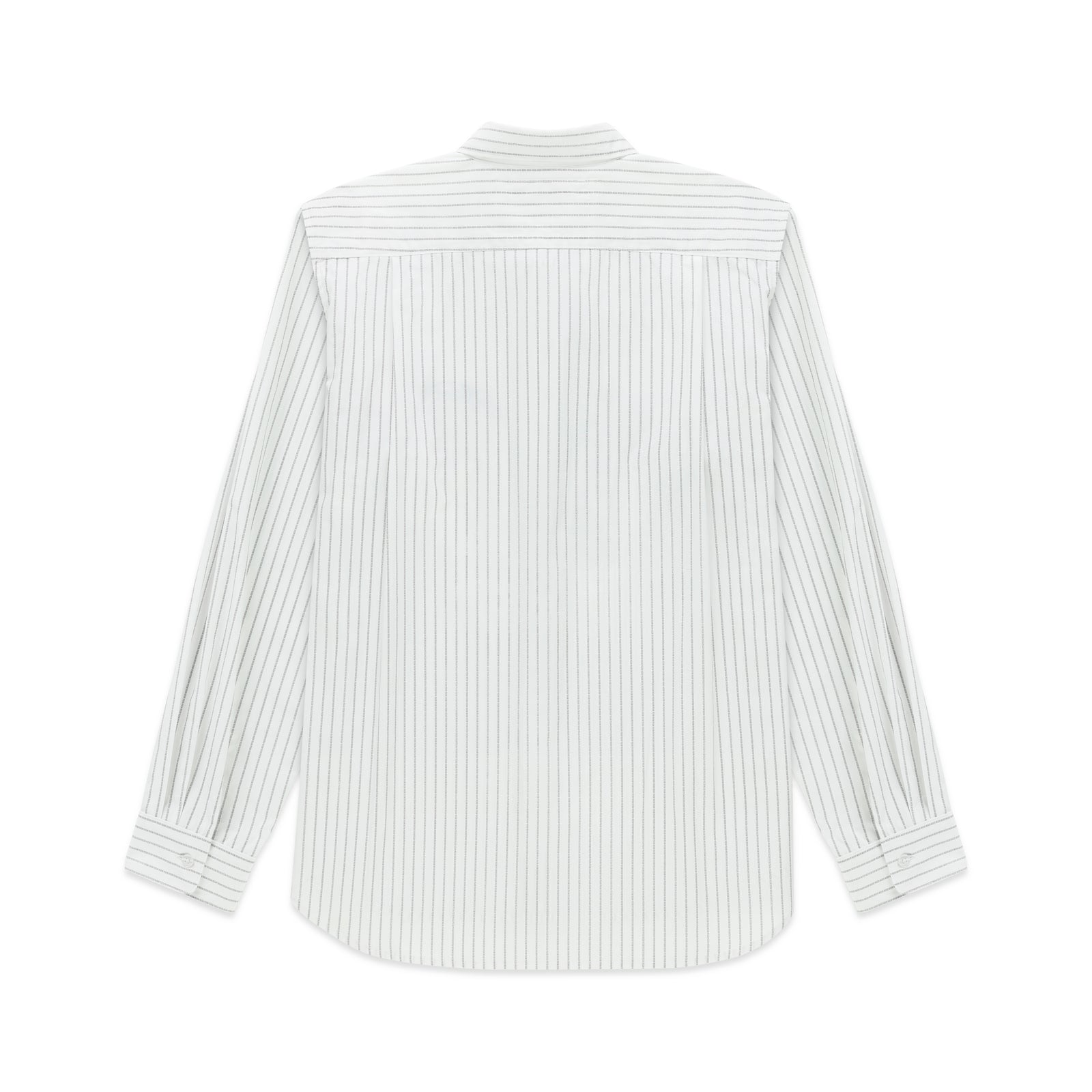 White woven cotton oxford button-down shirt with thin vertical pinstripes, spread collar, and barrel cuffs.
