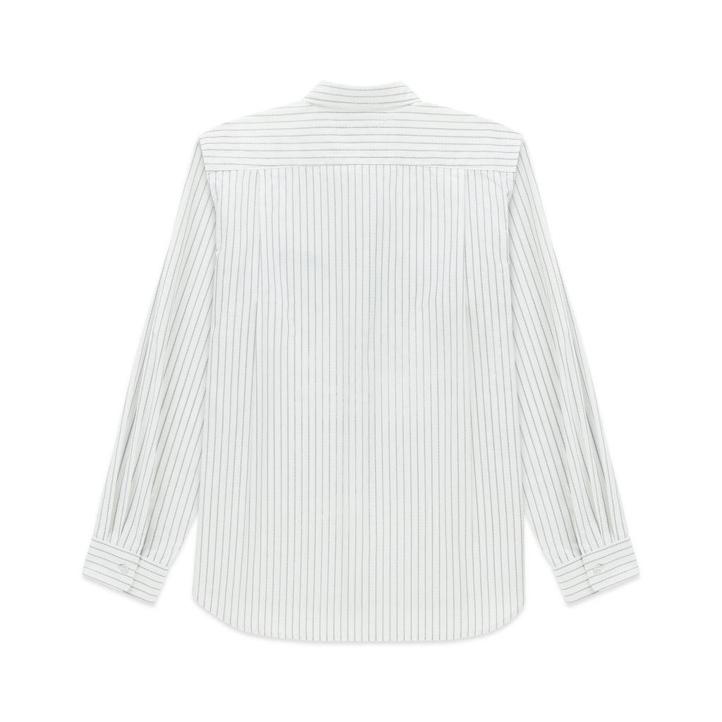 White woven cotton oxford button-down shirt with thin vertical pinstripes, spread collar, and barrel cuffs.