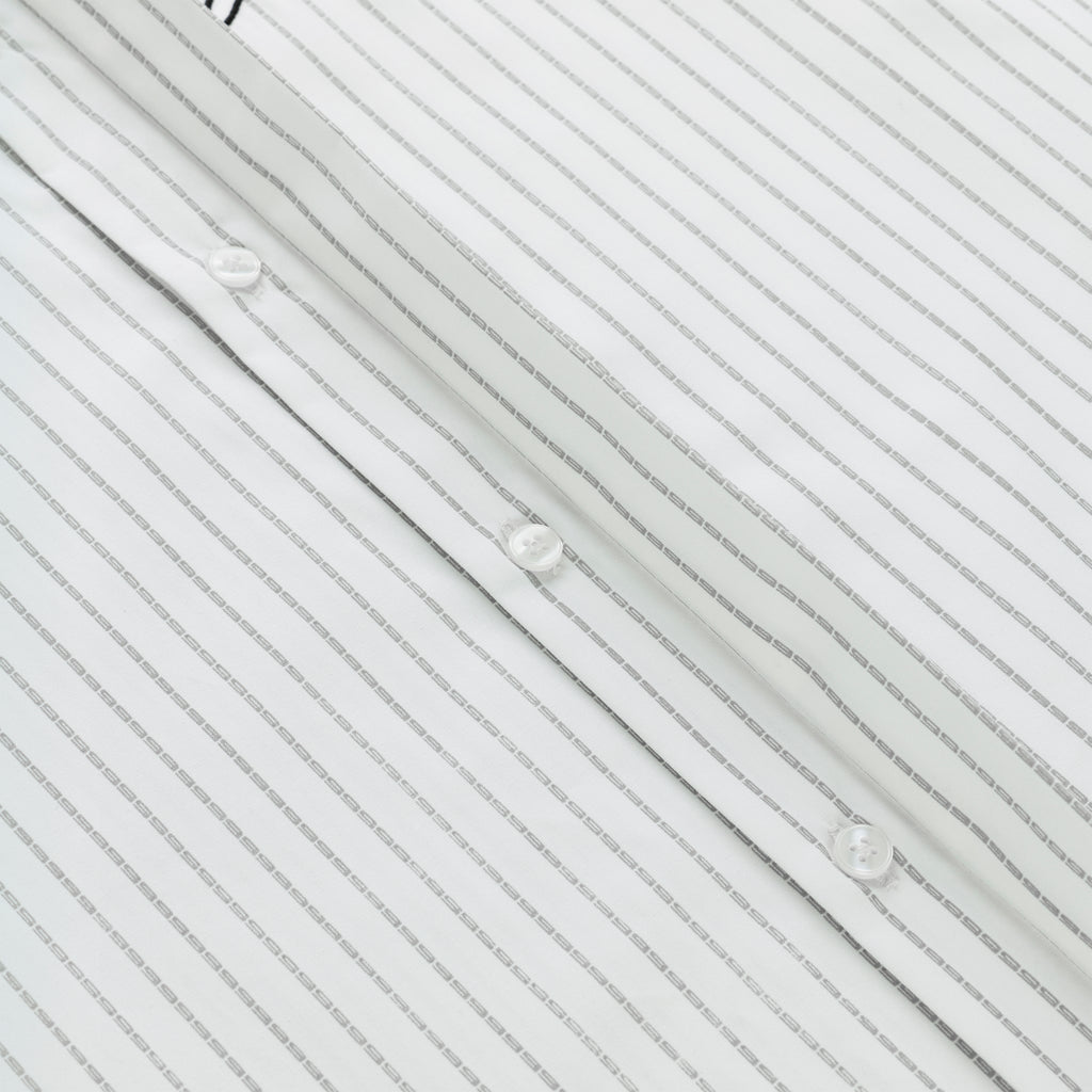 White woven cotton button-down shirt with thin gray pinstripes and white buttons.