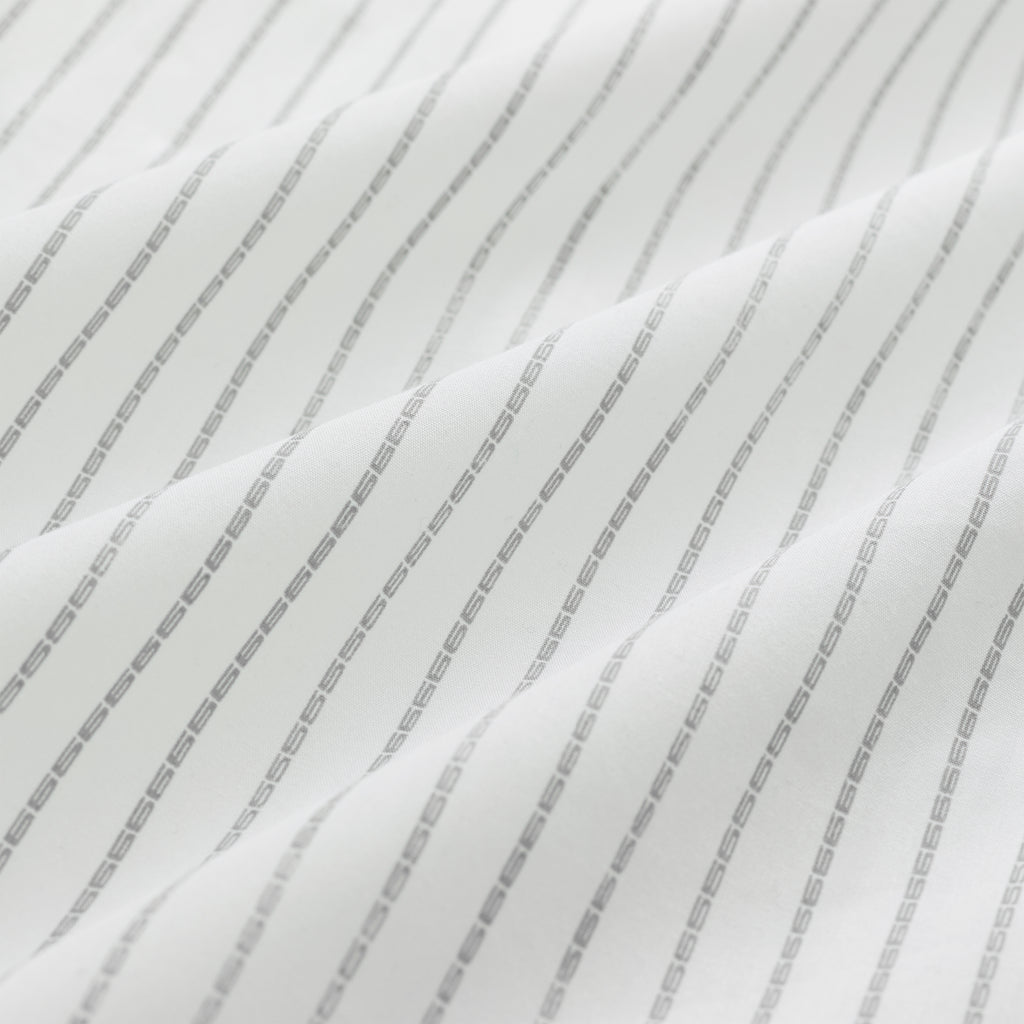 White woven cotton fabric with subtle gray 5-pinstripe design, showing gentle folds.