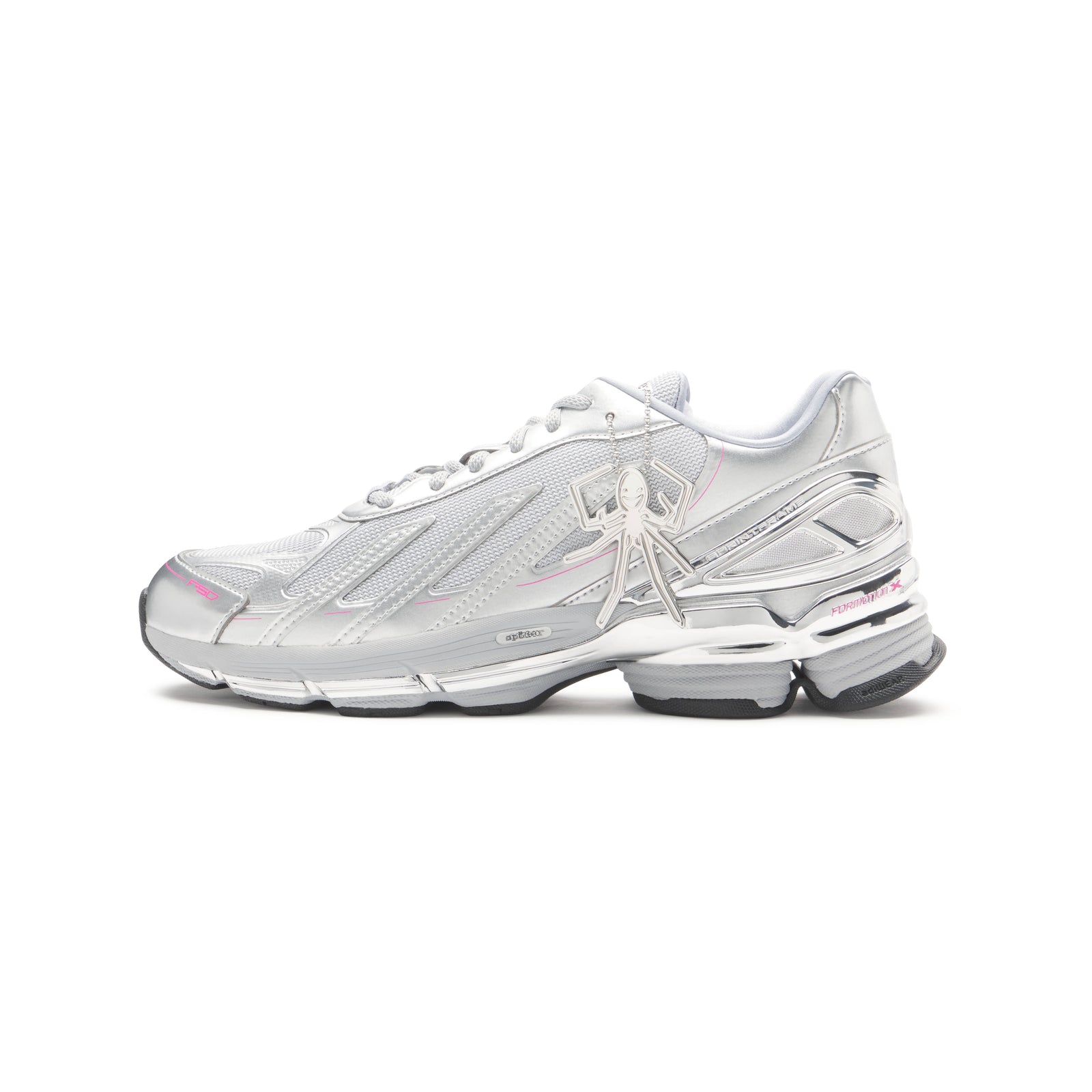 SP5DER x ADIDAS F50 ADIZERO metallic silver sneaker with mesh, chrome overlays, pink accents, and a spider charm.