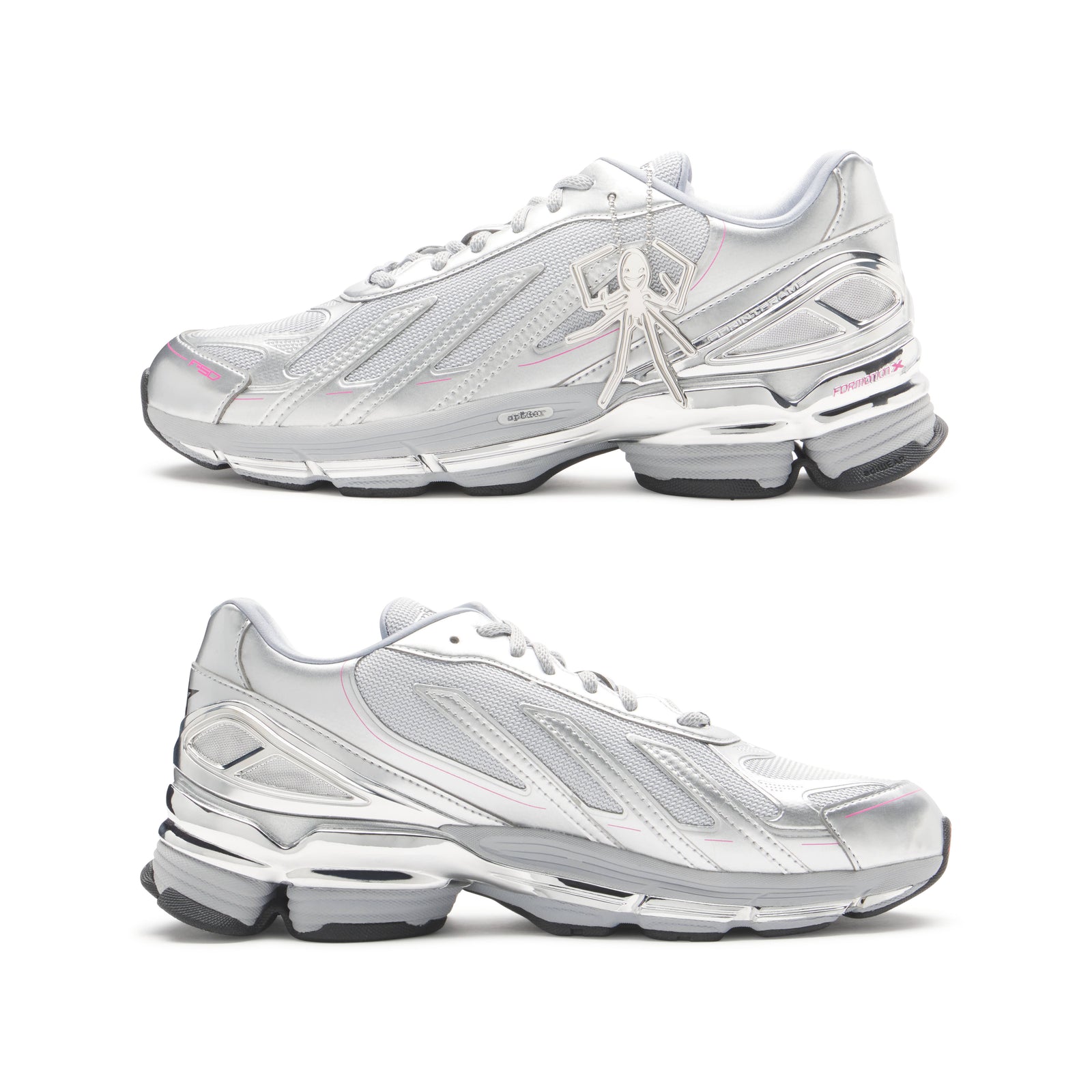 SP5DER x ADIDAS F50 ADIZERO metallic silver sneakers with mesh, chrome overlays, pink accents, and a spider charm.