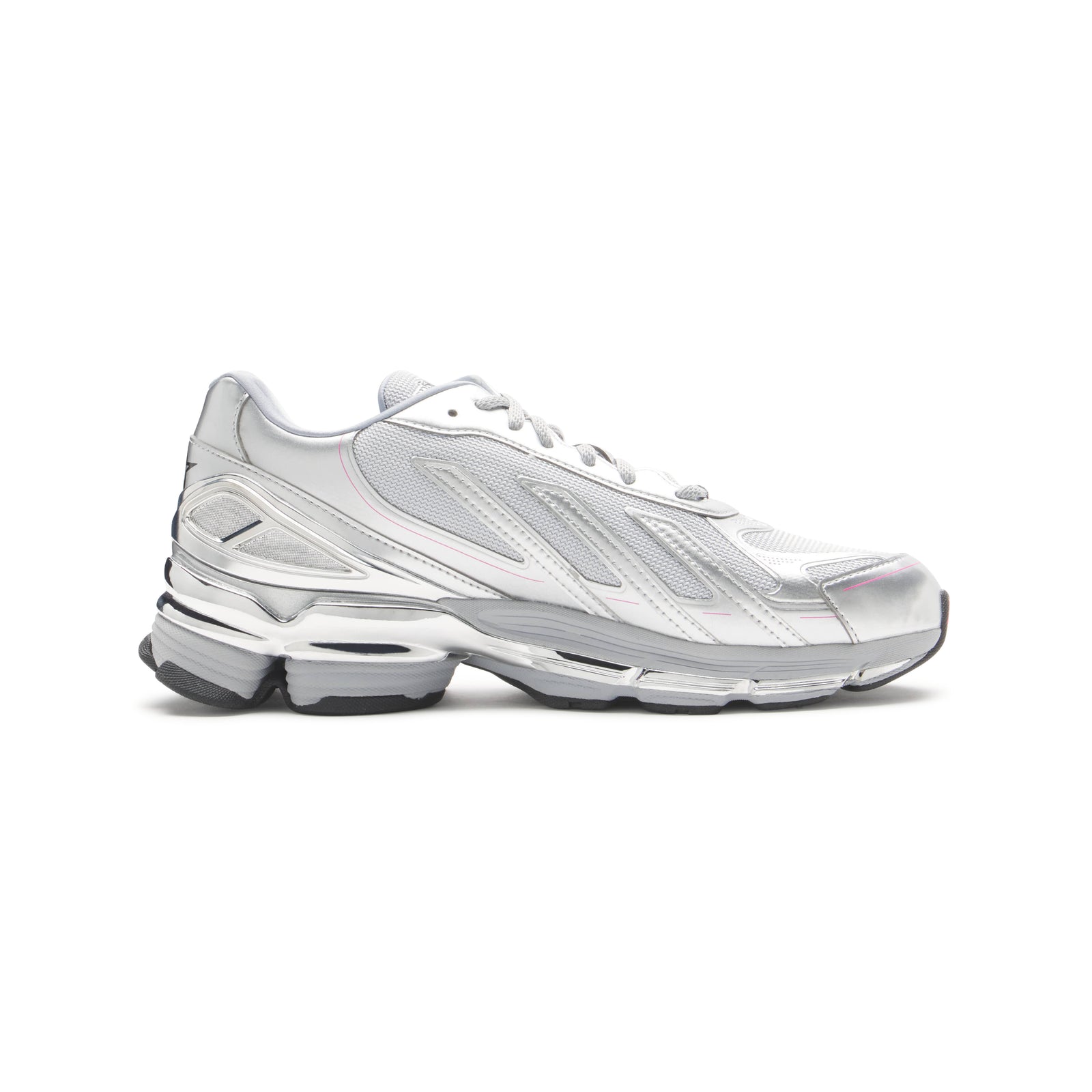 SP5DER x adidas F50 Adizero metallic silver sneaker with mesh, chrome overlays, pink accents, and a removable charm.