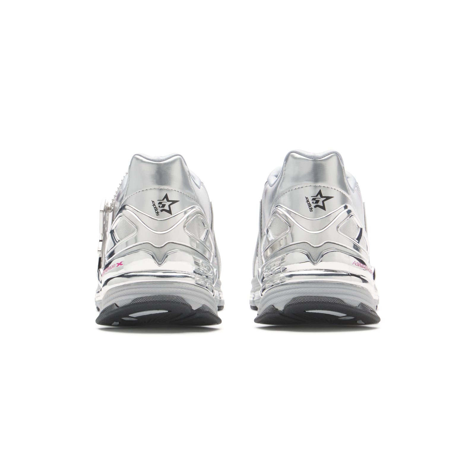 SP5DER x ADIDAS F50 ADIZERO sneakers, metallic silver with chrome finish, pink accents, and co-branding on heels.