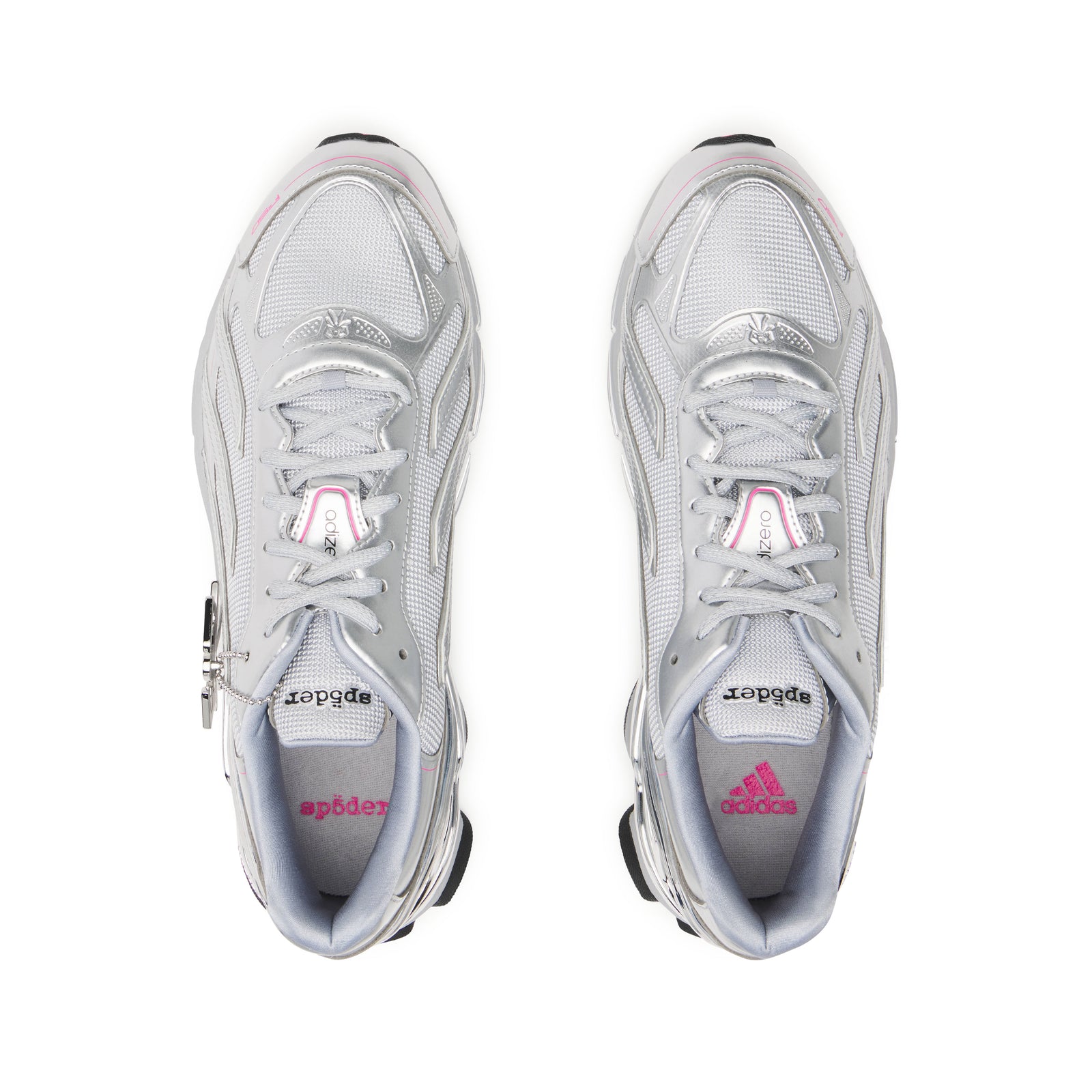 SP5DER x ADIDAS F50 ADIZERO metallic silver sneakers with pink accents, mesh, and chrome overlays.