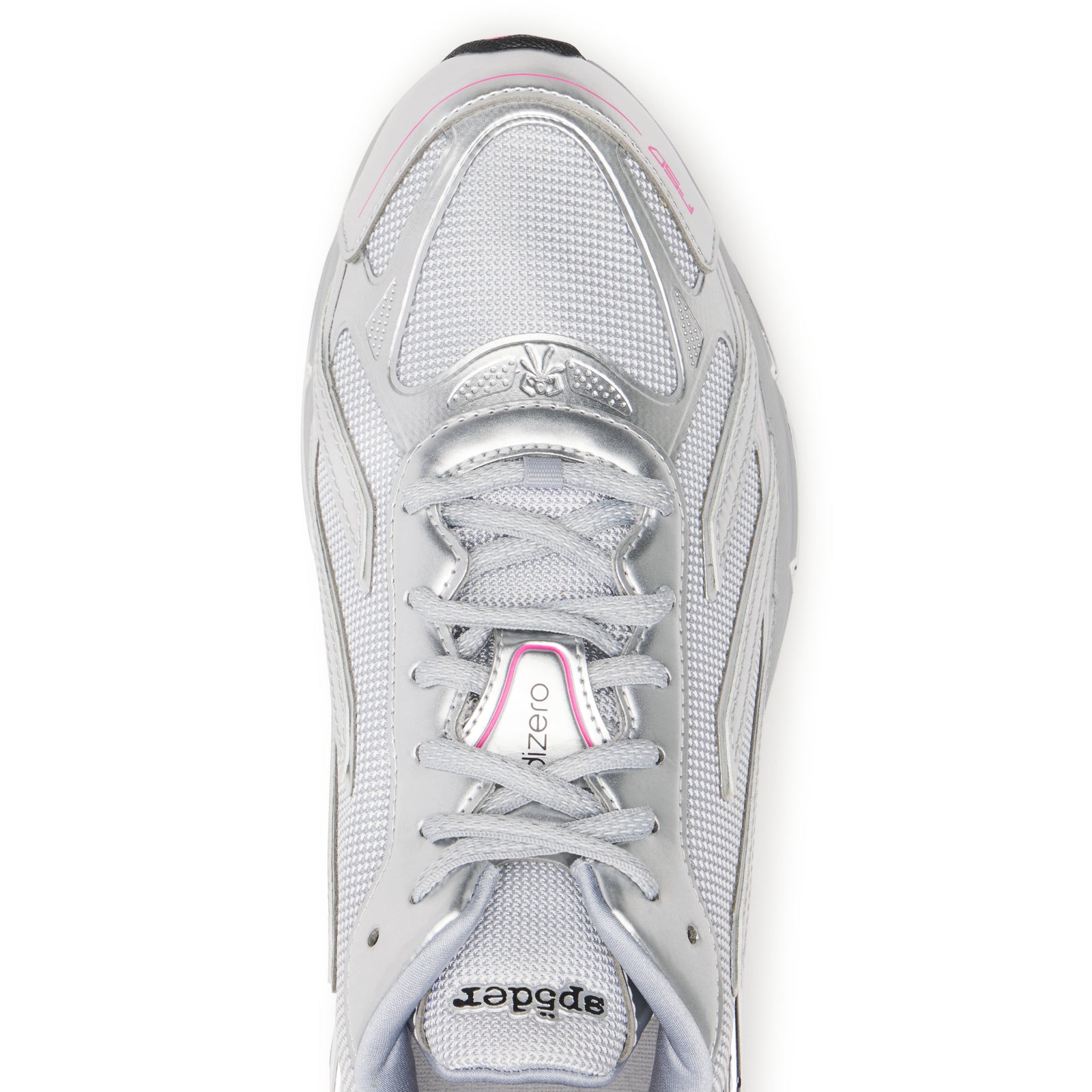 SP5DER x ADIDAS F50 ADIZERO metallic silver sneaker with mesh, chrome overlays, pink accents, and co-branding.