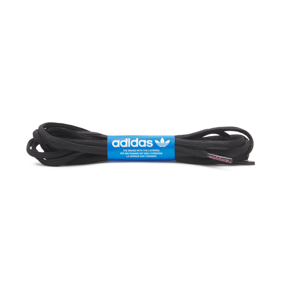 Black adidas shoelaces with a blue and white adidas label and pink "sp5der" graphic print on the aglet.