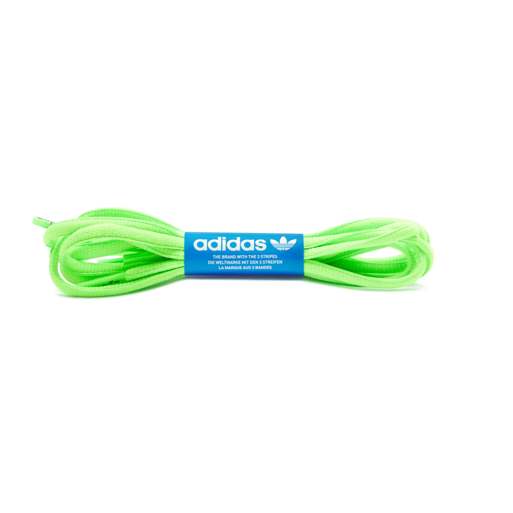 Bright neon green adidas shoelaces with a blue and white logo band.