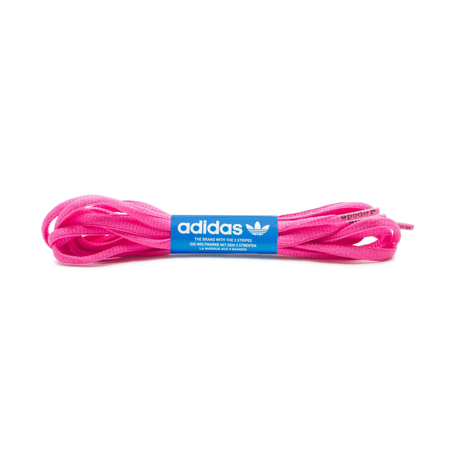 Coiled hot pink shoelaces with a blue adidas label and SP5DER graphic print.